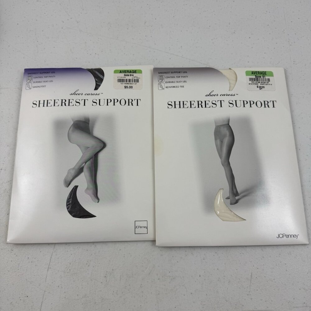 2-  JC Penney Sheer Caress Sheerest Support Pantyhose Average Smoke Gray & Bone